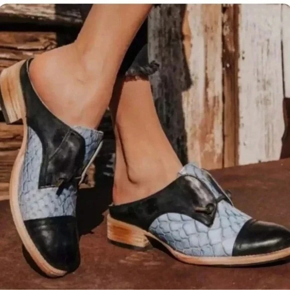 Freebird Malena Block Heel Mules Western Blue Leather Coastal Boho EU 38 US‎ 7